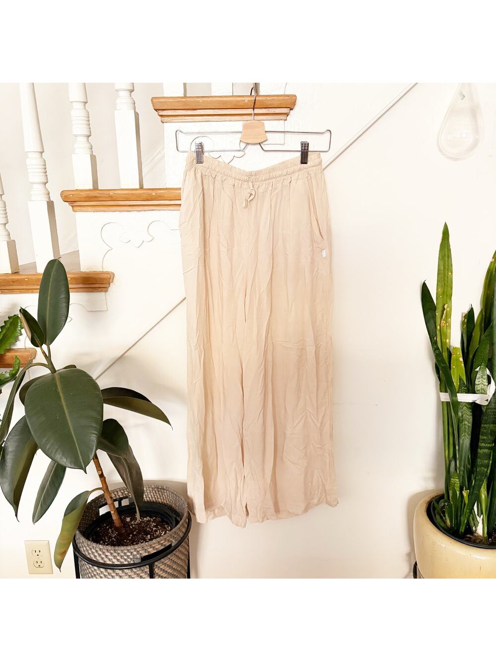 Amelie Beige Wide Leg Viscose Pants Elastic Waist Drawstring Made in Italy